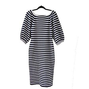 Eliza J Dress M Navy White Striped SS Bodycon Reverse Knit Midi Stretch Nautical